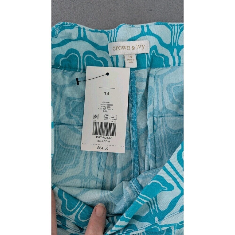 NWT Crown & Ivy Women’s Blue Aqua Floral 2pc Set Top XL & Cropped Pants 14 - Picture 4 of 9